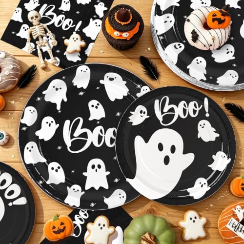 Ghost Halloween Party Supplies Set - Black Boo Variation, Paper Plates & Napkins, 180PCS