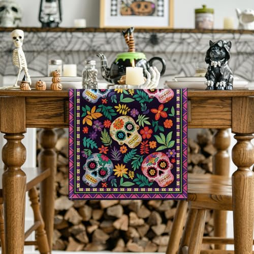 Mexican Sugar Skull Table Runner - Day of The Dead Decor 13x48 Inch Multi Color
