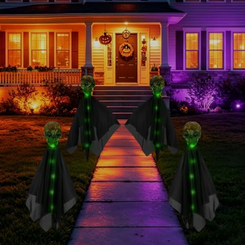 Outdoor Solar Skull Path Lights - Creepy Halloween Garden Decor Set of 4
