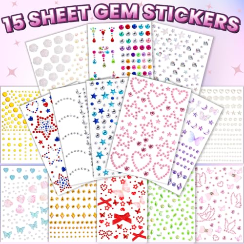 Self-Adhesive Face Gems and Rhinestone Stickers for Makeup and Body Art - 15 Sheets