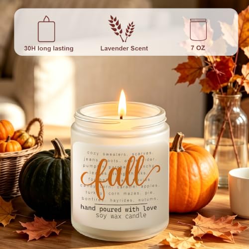 Fall Lavender Scented Candle - Autumn Home Decor Gift, 7oz, 30+ Hours Burn Time - Variation: Fall