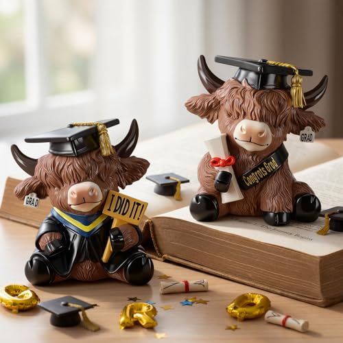Graduation Highland Cow Figurines Set - Fall Tabletop Decor for Celebrations - Grad Variation