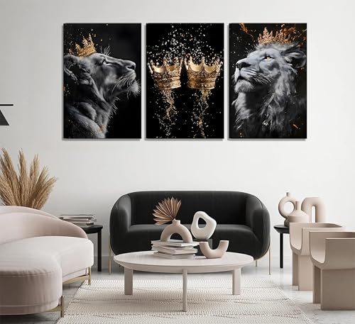 Lion Wall Art Canvas - 12x16 Inch Framed Animal Decor with Golden Crown - Lion Wall Decor