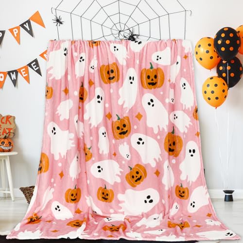 Halloween Fuzzy Flannel Throw Blanket 60x70 Inch Pink Ghost Pumpkin Design