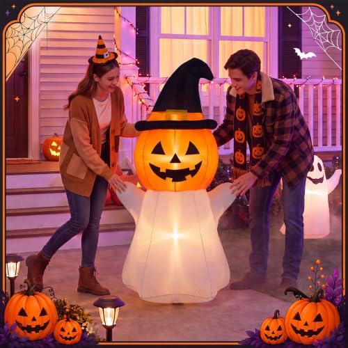 Pinkunn 5Ft Halloween Inflatable Pumpkin Ghost Decoration - Outdoor Scene, LED Light, Easy Setup, Variation: Pumpkin Ghost / 5ft