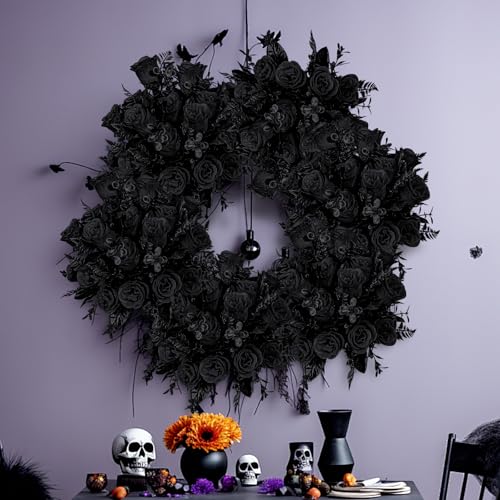 Artificial Black Rose Flowers Bouquet - 4 Pack, Realistic Silk Roses for Halloween & Fall Decor