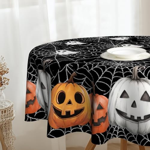 Halloween Round Tablecloth 60 Inch with Spiderweb & Pumpkin Design - Fall Autumn Decor