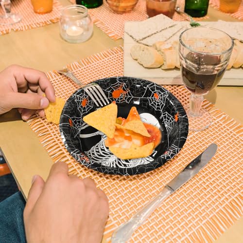 Halloween Skeleton Paper Bowls - Black White Orange Spooky Disposable Serving Set - 100Pcs