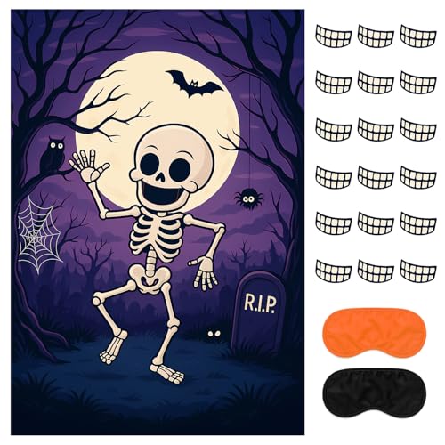 Halloween Skeleton Pin the Teeth Party Game with Sticker Poster and Blindfolds