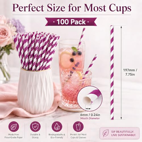 Purple Paper Drinking Straws for Parties and Events - 100 Pack