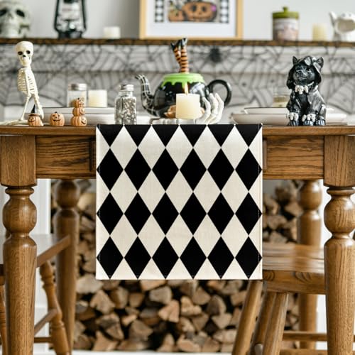 Black Beige Diamond Plaid Table Runner 13x72 Inch Seasonal Halloween Decor