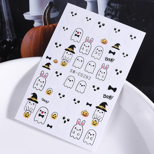 Halloween Ghost Nail Stickers Set - White 1 - 4 Sheets Self-Adhesive 3D Decals for Nails