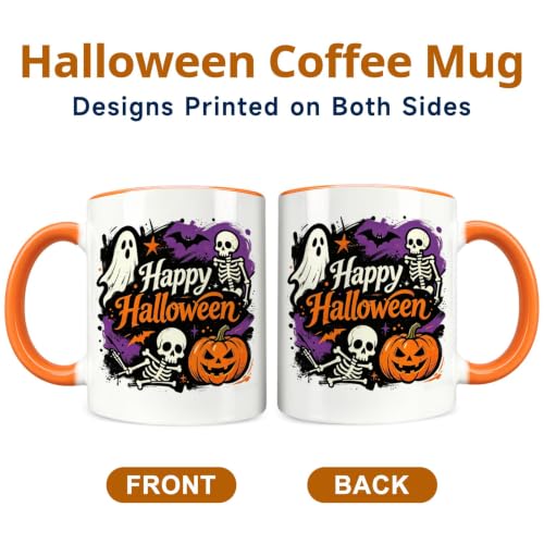 Halloween Coffee Mug - Happy Halloween Ghost Skeleton Pumpkin Bat Ceramic Cup - Spooky Cute 11oz