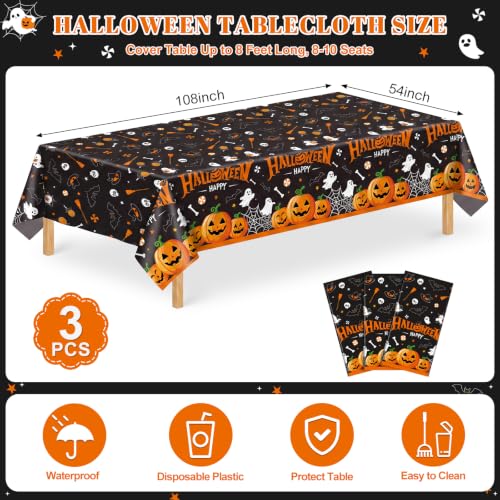 Halloween Plastic Tablecloths - Spooky Pumpkin Design, 3 Pack