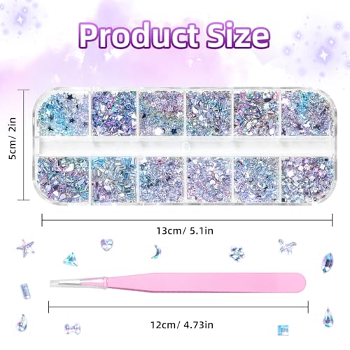 Mini Nail Stones and Gems Set 2-AB Colors - 2000 Pcs Multi-Shape Nail Art Rhinestones