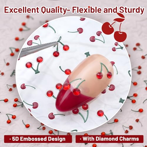 Pretty Diva Shiny Cherry Nail Art Stickers with Crystals & Charms - 5D Cherry Design