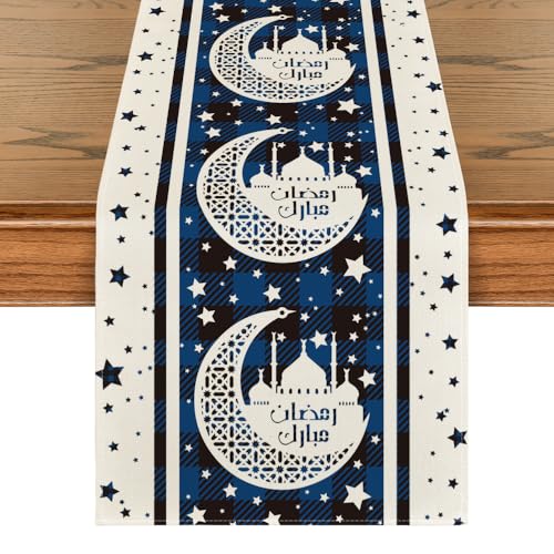 Blue Black Plaid Moon & Stars Ramadan Table Runner 13x72 Inch Seasonal Kitchen Decor