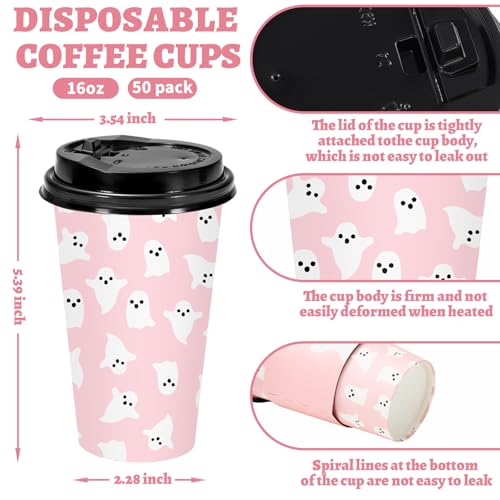 Pink Halloween Ghost Coffee Cups Set - 50 Pcs 16oz Disposable Cups with Lids & Sleeves