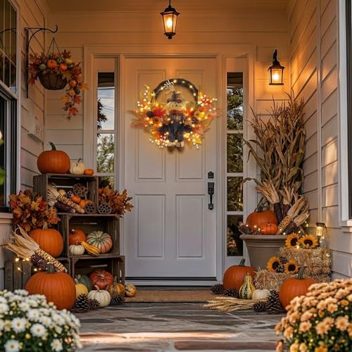 24-Inch Collapsible Fall Wreath with LED Lights for Front Door