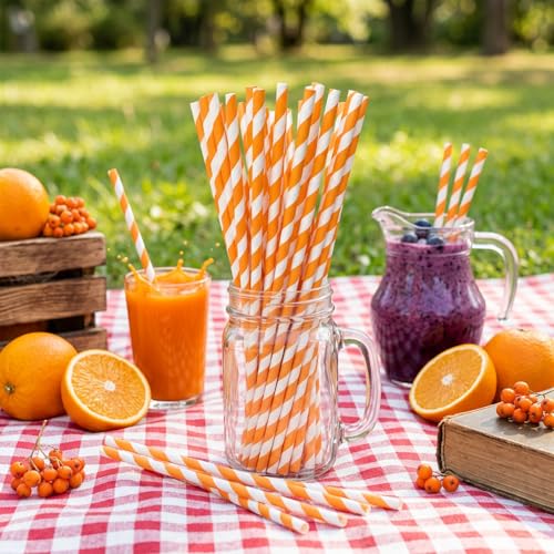 100 Pack Paper Straws - Orange & White Striped Disposable Drinking Straws for Parties