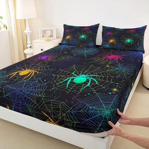Halloween Spider Sheet Set Queen Rainbow Iridescent Bed Sheets with Glitter Stars & Web - Multi 19