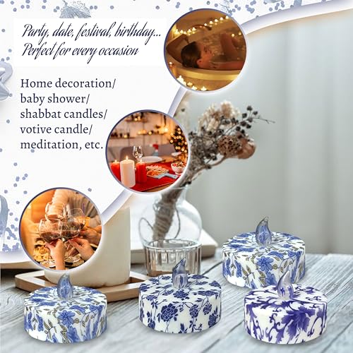 Blue & White Porcelain Flameless Tea Lights with Remote - BMP MIX, 12 Pack