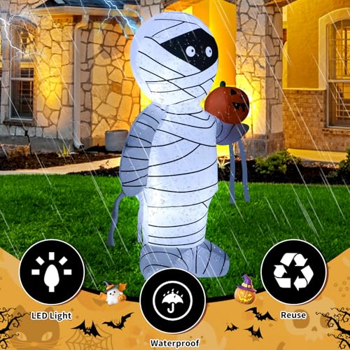 4FT Inflatable Mummy Halloween Decoration with LED Lights & Pumpkin - Outdoor Indoor Decor