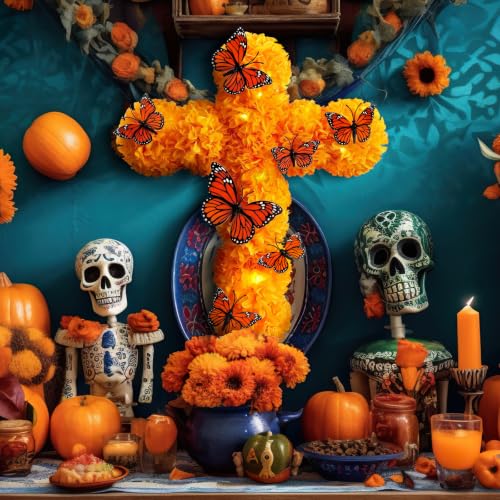 Day of the Dead Ofrenda Decor Set with Lighted Cross and Butterflies - 12x16 Inch