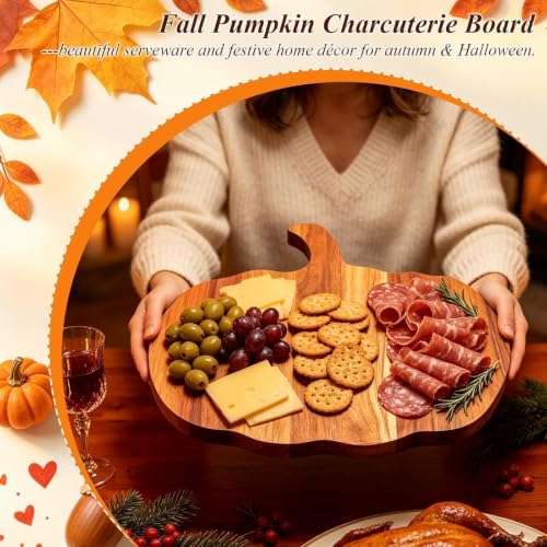 Halloween Pumpkin Cutting Board - 13x12 Inch Natural Wood Charcuterie Platter for Fall Decor