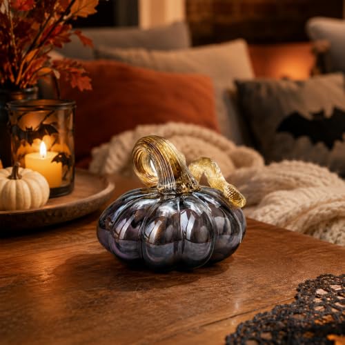 Purple Hand Blown Glass Pumpkin Fall Decor for Thanksgiving & Halloween