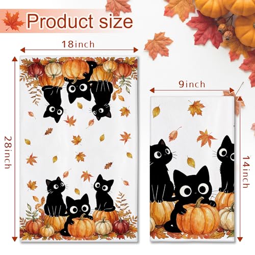 Hexagram Fall Kitchen Towels Set - Black Cat & Pumpkin Design, 18 x 28 Inches