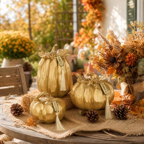 Gold Fall Pumpkin Decor Set of 3 - Faux Resin Autumn Centerpieces with Rustic Stems - Variation Gold#123