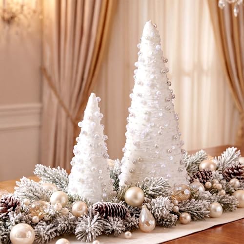 Pearl Mini Christmas Tree Set - 2 Sizes, Elegant Holiday Tabletop Decor - Pearl & Champagne Variation
