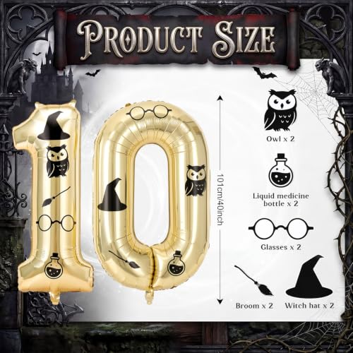 40 Inch Gold Foil Wizard Number 10 Balloon Birthday Decor with Stickers - Magic Theme
