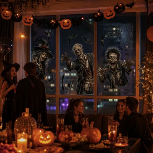 Halloween Window Clings PVC Witch Zombie Bat Decals Not Luminous - 12 pcs