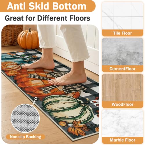 Fall Kitchen Rug Set of 3 Non Slip Washable Floor Mats - Harvest Pumpkin & Maple Leaf Design