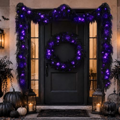 Black Halloween Garland with Lights - 9FT Prelit Fake Cedar for Indoor Outdoor Decor - Variation of THIS listing 1