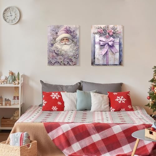 Purple Christmas Wall Art Set of 2 - Framed Seasonal Holiday Decor, 11x14 Inches, Santa Present Box, Winter Xmas Home Bedroom Wall Prints - YH Variation