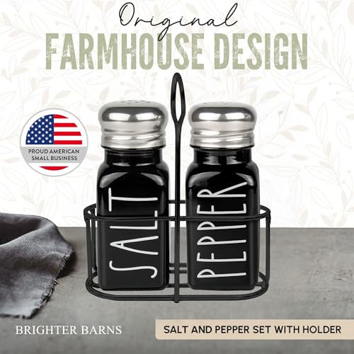 Black Salt and Pepper Shakers Set with Holder - Farmhouse Kitchen Decor