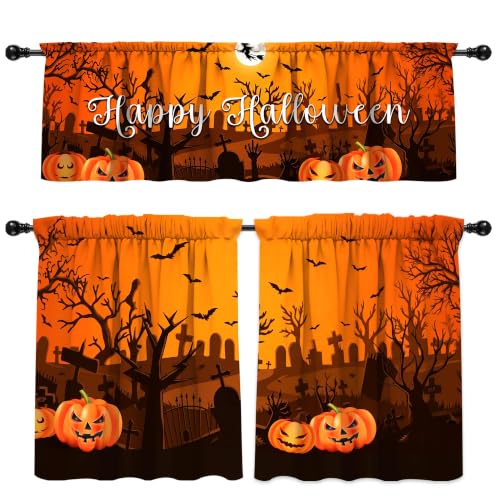 Halloween Spooky Kitchen Curtains Set - 3 Pieces, 54x18 Valance & Tier Panels, Pack of 3 - Ghosts Bats &
