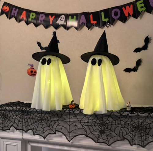 2-Pack Indoor Light-Up Ghost Halloween Decorations with Witch Hats - Spooky & Cute