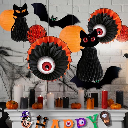Halloween Paper Lantern Decorations Set with Black Cat Eyeball Bats Banner - Indoor Party Props
