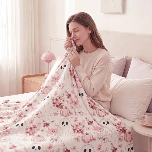 Pink Pumpkin Ghost Fall Throw Blanket - Halloween Soft Flannel 50x60 inches - Spooky Pumpkin Variation