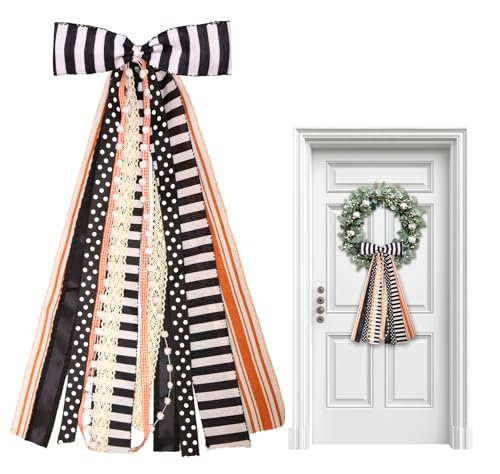 Halloween Black Stripes Wreath Bow with Orange Lace Ribbon Bows for Front Door - Variation B