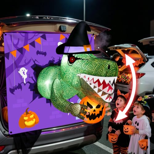 Inflatable Dinosaur Car Decoration Kit - 4 Ft Motion Dinosaur with LEDs for Halloween Trunk or Treat - Variation of Dinosaur