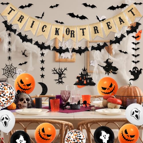 Halloween Trick or Treat Banner Decor Set with Bats Balloons & Stickers