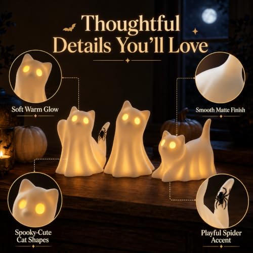 3-Pack Ceramic Ghost Cat Halloween Figurines - Indoor Tabletop Decor