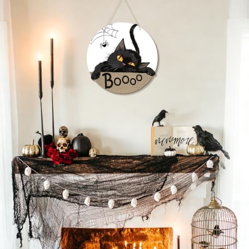 Halloween Black Cat Door Sign Decorations - Spooky Welcome Wreath for Front Door & Wall