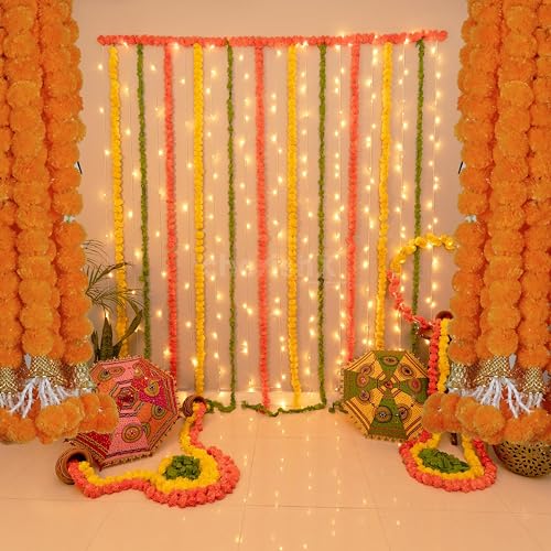 Artificial Marigold Garland - 5 Feet Long Flower Strands for Indian Decor, Weddings, Diwali, Christmas - Orange - 5 Pieces