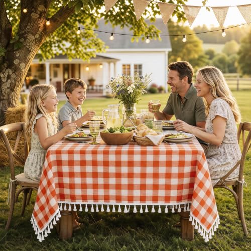 Orange Gingham Rectangular Tablecloth 55x120 Inch Cotton Linen Farmhouse Decor - Variation: Orange / 120" x 55"